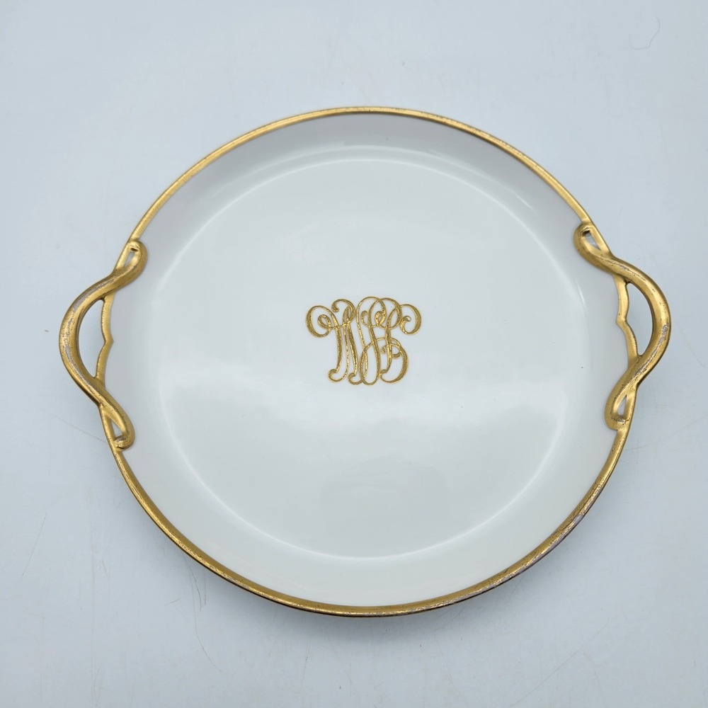 VTG Limoges GOA Cake Serving Charger Plate w/Gold Gilding Trim Handles 8" France